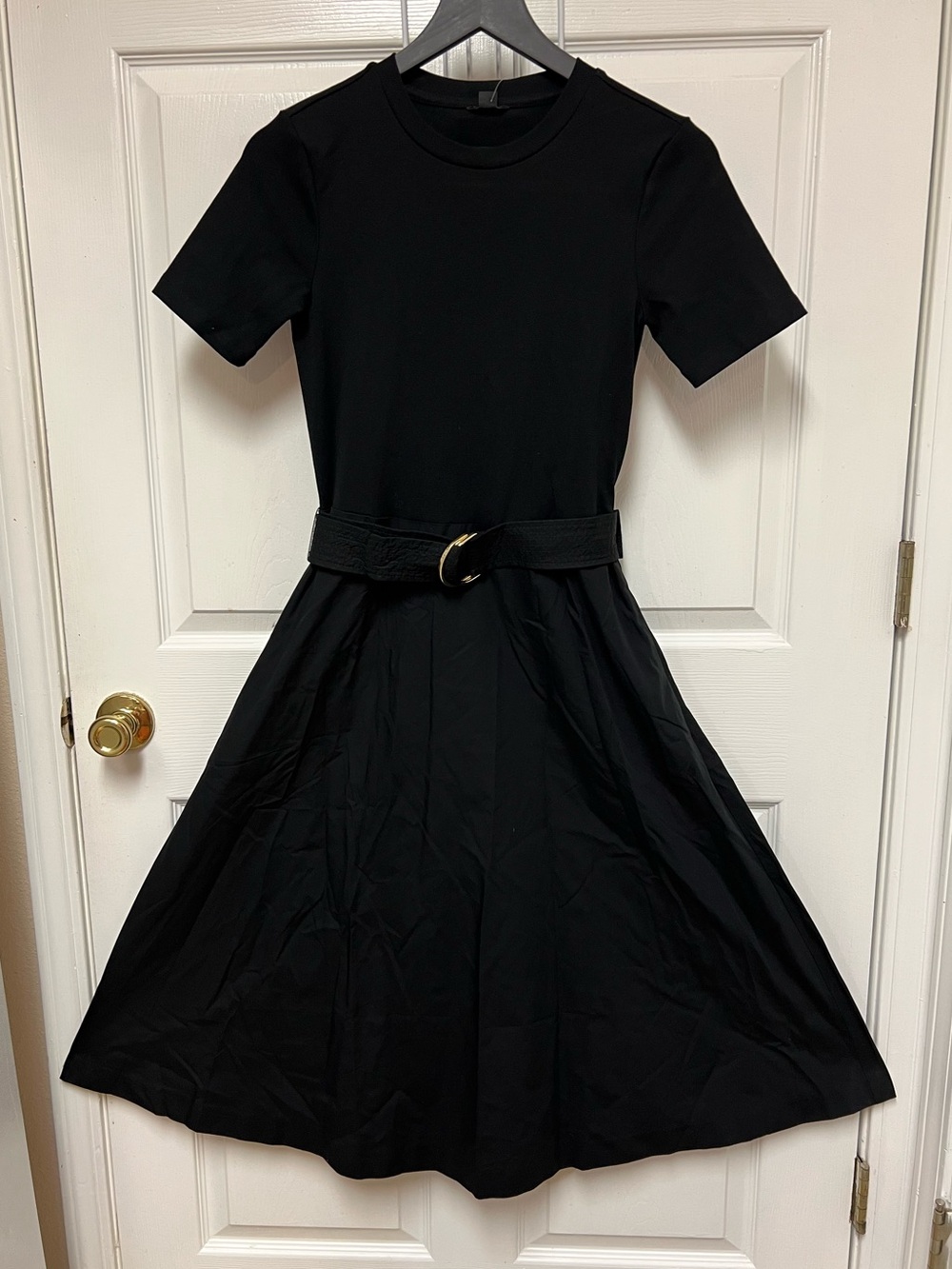 Ann Taylor Black Short-Sleeve Midi Fit-and-Flare Dress with Belt